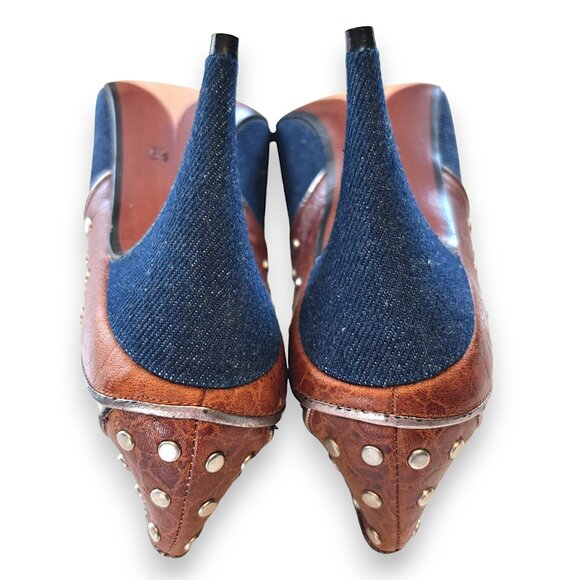 Vintage Leather, Denim & Cowhide Studded Boho Heels - Picture 9 of 12